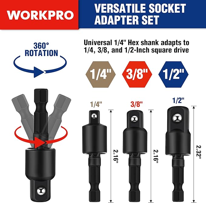 WORKPRO Impact Grade Socket Adapter Set (Basic/Swivel/Long), 1/4", 3/8", & 1/2" Drive, Extension Driver Bit With Case, for Power Drill to High Torque Impact Wrench, 9PCS