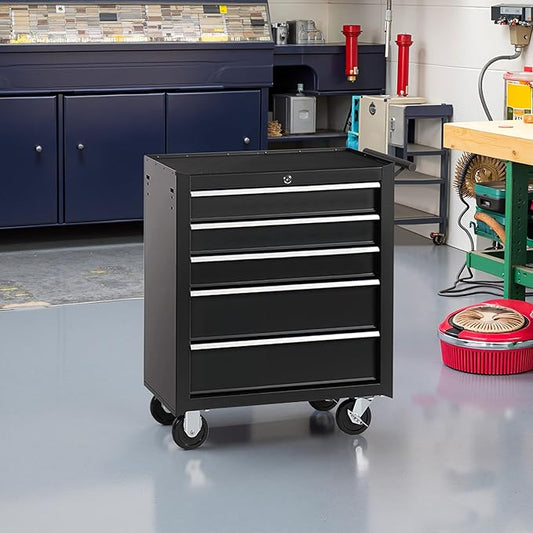 Tool Chest 5 Drawers Garage Storage Steel Frame Tool Chest with Wheels, Top Storage Rack, Rubber Mat, Side Handle for Warehouses and Workshop, Black