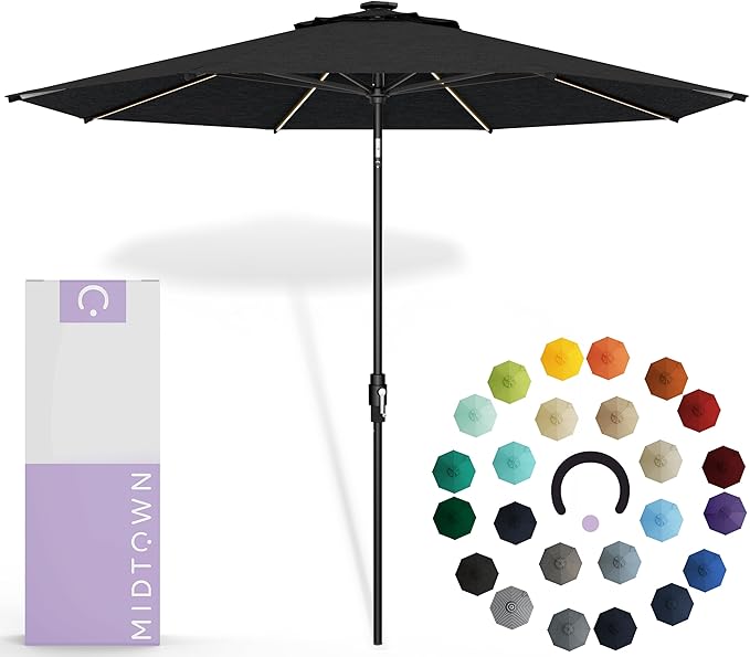 Midtown Umbrellas Led Swilt Sunbrella Umbrella 9 Ft Patio Umbrella With Sunbrella Spectrum Carbon Acrylic Fabric - Deck Patio Umbrella, Backyard Umbrella, Garden Umbrella & Pool Umbrella - Black Pole