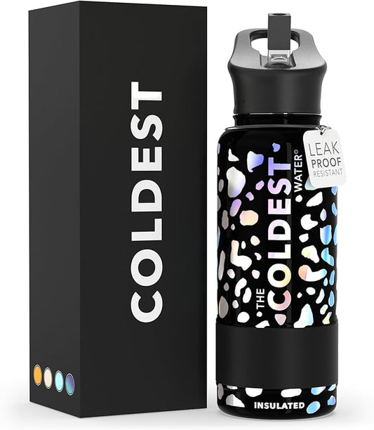 COLDEST Sports Water Bottle -32 oz (Straw Lid), Leak Proof, Vacuum Insulated Stainless Steel, Hot Cold, Double Walled, Thermo Mug, Metal Canteen (32 oz, Moonlight Leopard)