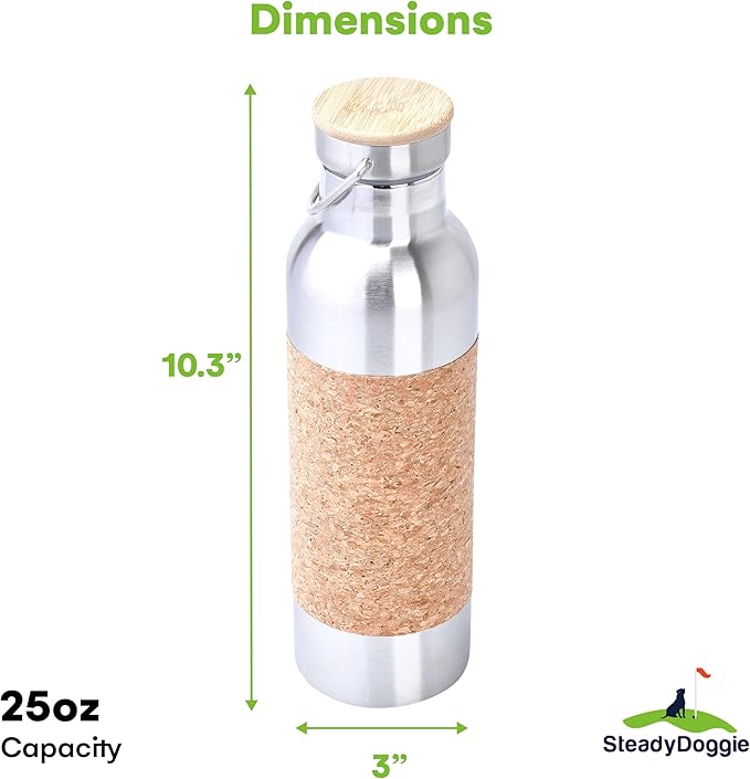 SteadyDoggie 25oz Yoga Water Bottle - Non-Slip Cork Design - Double Wall Vacuum Insulation - Leak-Proof Cap - Metal Tumbler For Hot & Cold Drinks - With THIN DETACHABLE Cork SLEEVE- 10.3 x 3 in