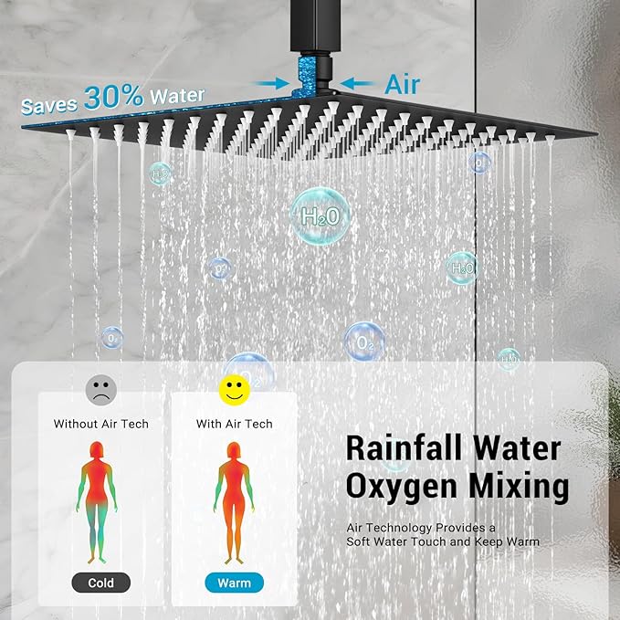 Ceiling Mount Shower Faucet Set Square Showerhead Bathroom Rainfall Shower System Stainless Steel Shower Trim Kit 10 Inches (Matte Black)
