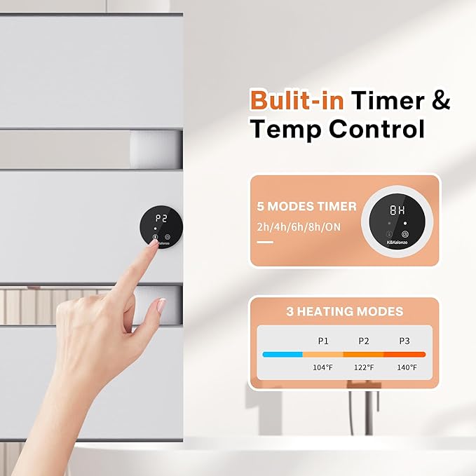 K&KALONZO Electric Towel Warmer, 18.35" W x 22.8" H Wall-Mounted Towel Heater with Built-in Timer, Waterproof Aluminum Towel Warmer for Bathroom, Support Plug-in and Hardwired, Silver, K3-R-S