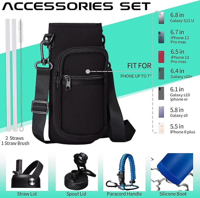 Stainless Steel Flask Water Bottle - 32oz/40oz/64oz Insulated Water Bottle with Straw & Spout Lids, Paracord Handle, Strap Sleeve, Protective Cup Mat, Wide Mouth Hydro Thermo Bottle Sports Office