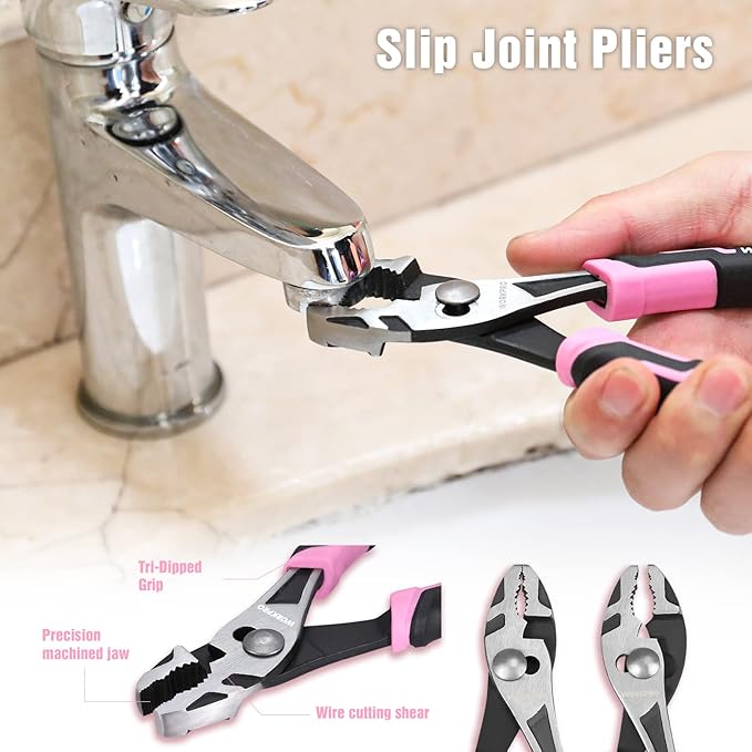 WORKPRO 4-Piece Pliers Set, Premium CR-V Construction Pliers Tool Sets Including Long Nose, Diagonal Cutting, Groove Joint and Slip Joint Pliers - Pink Ribbon