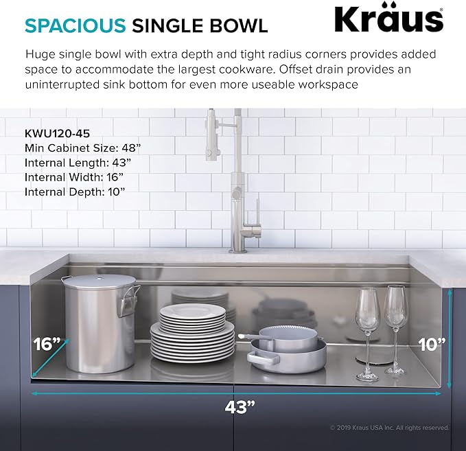 KRAUS Kore Workstation 45-inch Undermount 16 Gauge Stainless Steel Kitchen Sink, Single Bowl Kitchen Sink with Accessories, KWU120-45