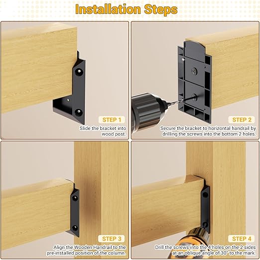 30 PCS Aluminium Deck Railing Brackets Connectors for 2x4 Inch (Actual Size 1.5”x3.5”) Wood Post to Handrail Connection with 180 PCS Screws for Wooden Fence Stair Railings, Rust-Free