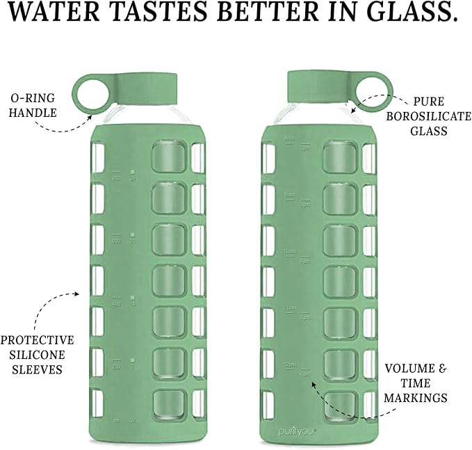 purifyou Premium 40/32 / 22/12 oz Glass Water Bottles with Volume & Times to Drink, Silicone Sleeve & Stainless Steel Lid Insert, Reusable Bottle for Fridge Water, Milk, Juice (32oz Shale Green)