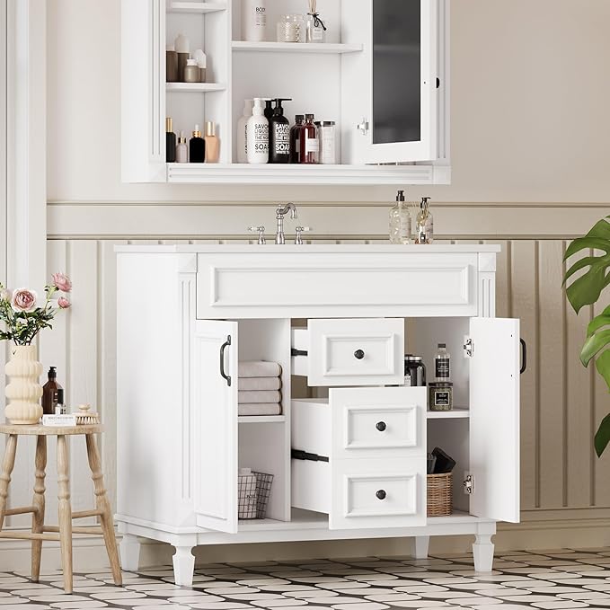 Merax 36” Bathroom Vanity with Sink, Freestanding Single Bathroom Sink Vanity Cabinet Set with 36” Countertop & Integrated Sink, 2 Doors & 2 Drawers (Sink Cabinet Only, White)