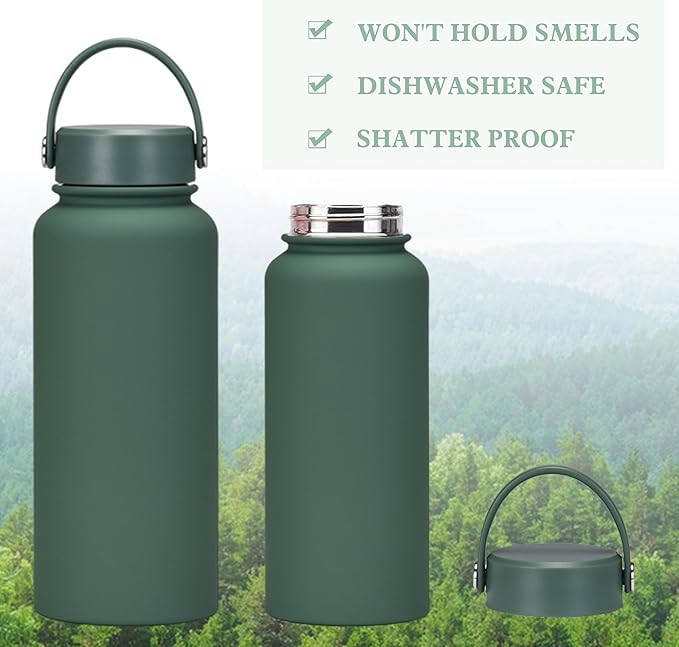 Dark Green 32 OZ Insulated Water Bottle, Forest Green Large Metal Insulated Stainless Steel Water Flask, Big Sports Travel Water Bottle with 2 Lids, Insulated Thermos Thermal Mug Cup