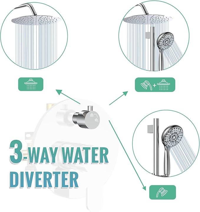 SR SUN RISE 12 Inch Shower System, Slide Bar Shower Faucets Sets Complete Round Shower Heads and 6-Spray Handheld Combo, Wall Mounted Dual Shower Set Included Valve and Trim Kit, Polished Chrome