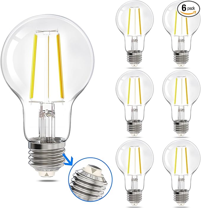 Energetic 3CCT E26 LED Filament Light Bulb, (2700K/3500K/5000K) 3 Color Temperature Selectable, 6.5W, 60W Equivalent, Dimmable, 760LM, Classic Clear Glass A19 LED Light Bulb, UL Listed, Pack of 6