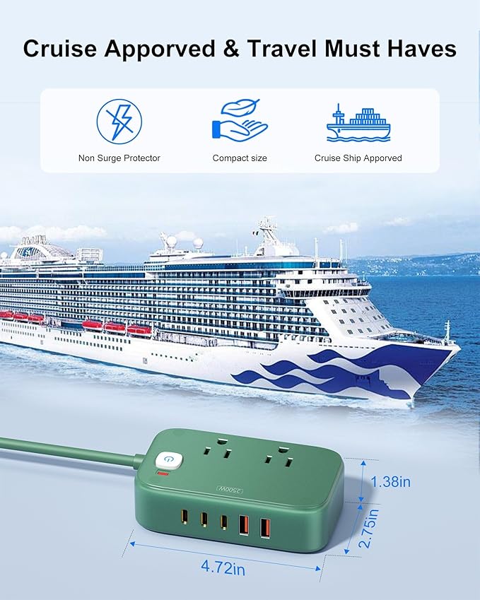 Power Strip with USB C - 40W Charging Station with 2 Outlets 3 USB C & 2 USB A - Charger for Multiple Devices, 5Ft Flat Plug Extension Cord for Travel Cruise Ship Office Dorm (Green)