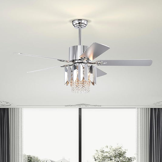 NicBex Ceiling Fan 52 Inch Ceiling Fan with Lights Ceiling Fans with 5 Reversible Blades and Remote Control Ceiling Fan with Crystal Lamp Shade for Bedroom, Living Room, Silver