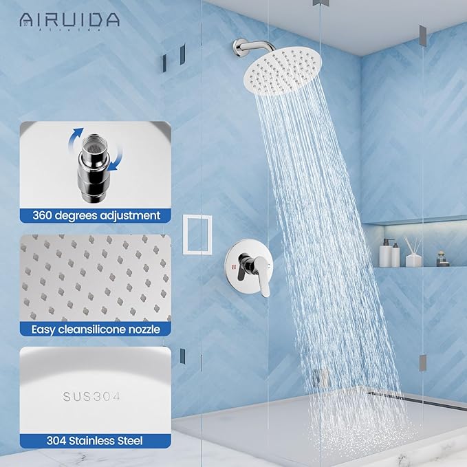 Airuida Shower Faucet Set,8 Inch Round Rainfall Shower Head,SUS304 Stainless Steel Single Handle Shower Trim Kit,Wall Mount Bathroom System with Female Threads Valve Chrome Polish