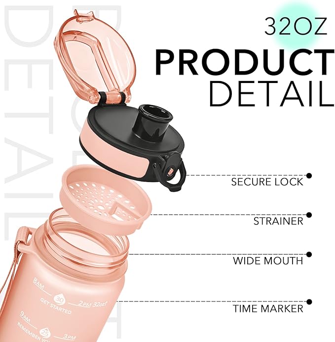 GOSWAG 32oz Motivational Water Bottles with Time Marker and Fruit Strainer, Sports Water Bottle with Times to Drink, Leakproof, Reusable Plastic Bottle with Strap no Straw for Gym, School