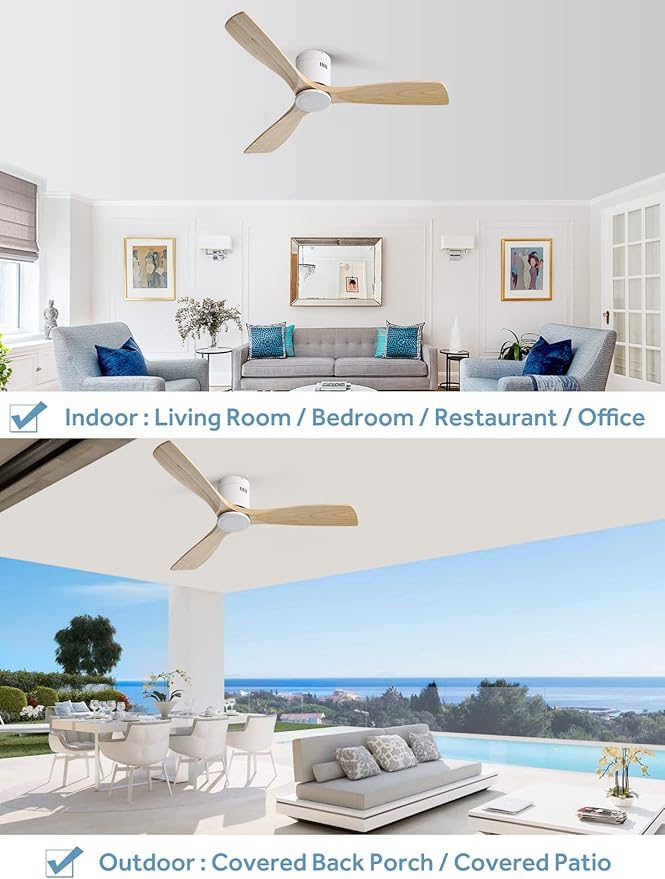 Sofucor 52'' Flush Mount Ceiling Fan without Light, Indoor Outdoor Mordern Wood Low Profile Ceiling Fan with Remote Control, Reversible Quiet DC Motor, 6 Speed, for Farmhouse Bedroom Patio Porch