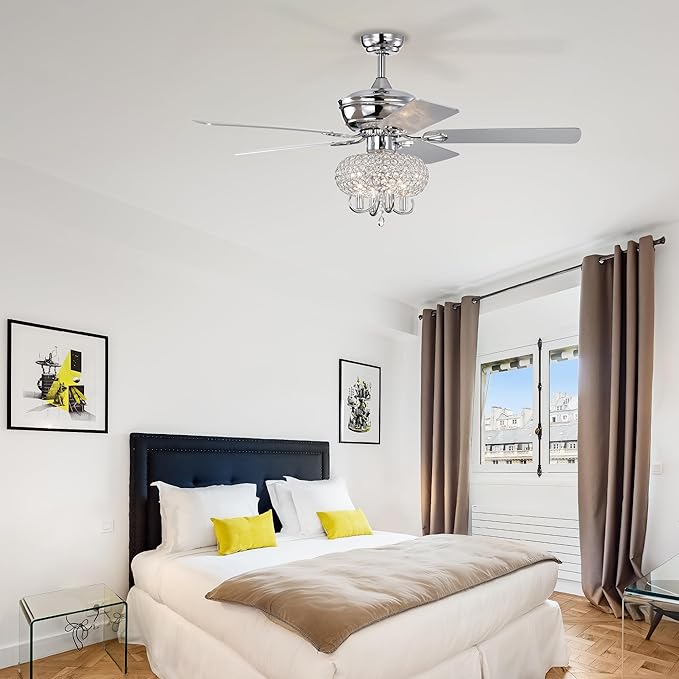 NicBex Ceiling Fan 52 Inch Ceiling Fan with Lights Ceiling Fans with 5 Blades and Remote Control Ceiling Fan with Crystal Lamp Shade for Bedroom, Living Room, Silver
