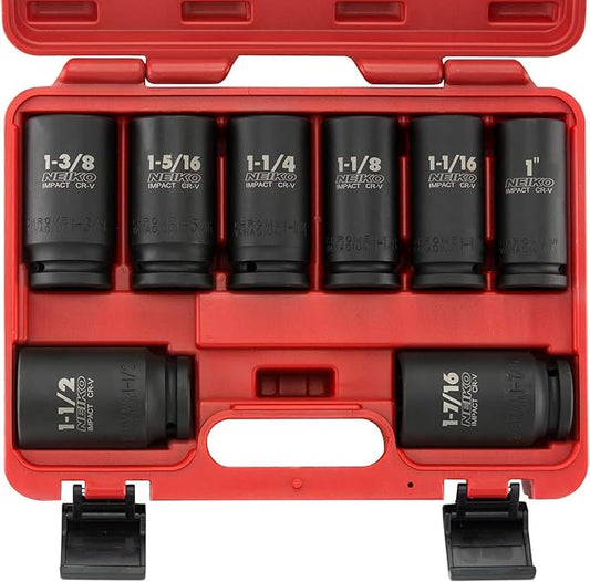 NEIKO 02461A 3/4 Inch Drive Impact Socket Set, SAE 1” to 1-1/2”, 8 PC, Deep/Jumbo Sockets, Chrome Vanadium Cr-V