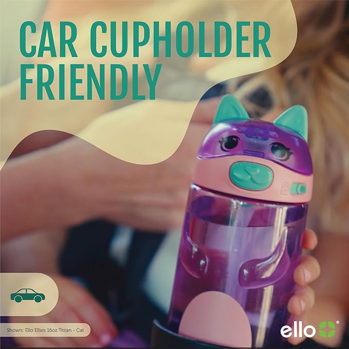 Ello Ellies 16oz Plastic Kids Water Bottle with Straw and Built-in Carrying Handle and Leak-Proof Locking Lid for School backpack, Lunchbox and Outdoor Sports