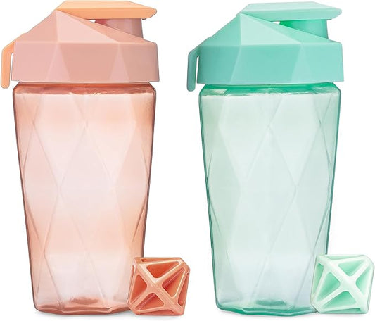 Classic 20oz Blender Shaker Bottle | Protein Shaker Bottle with Diamond Agitator | Shaker Cup with Carrying Handle and Dishwasher Safe | 2 Pack - Peach & Mint