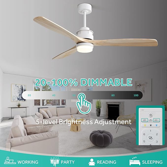 Sofucor 60" Ceiling Fan with Lights Remote Control, 3 Poles for Indoor Outdoor Ceiling Fan with Remote, Wood Ceiling Fan with 3 Color Temperature & Adjustable Brightness, Light Wood Grain