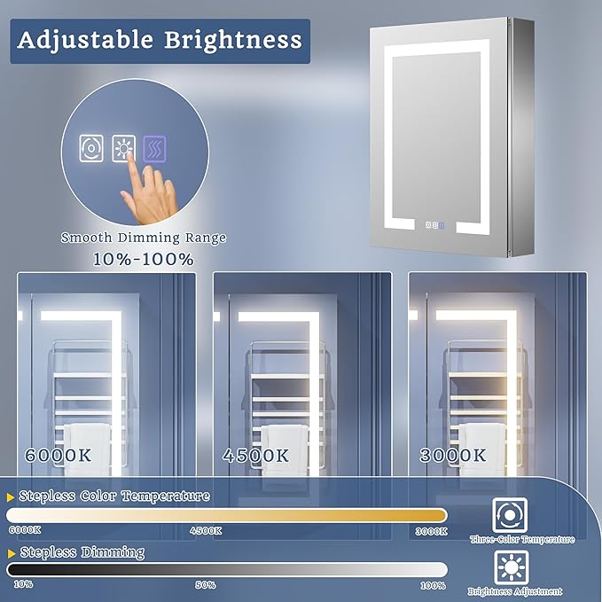 ExBrite LED Lighted Bathroom Medicine Cabinet with Mirror, 24 x 30 Inch, Recessed or Surface Mount, Anti-Fog, Stepless Dimming, Color Temperature Adjustment, 2 Outlets, Storage Shelves, Right Hinge