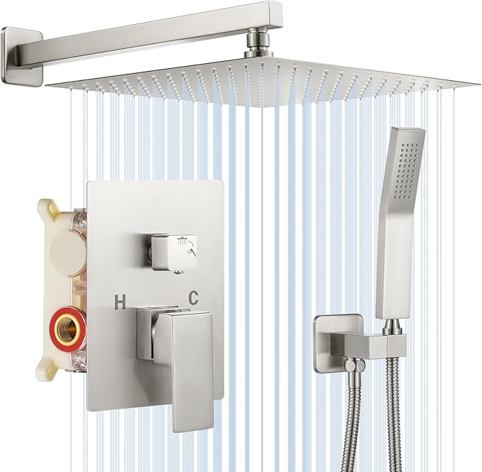 NERDON Luxury Rain Shower Head with Handheld Combo Set, Wall Mounted High Pressure Dual Shower Head System, Brushed Nickel Finish