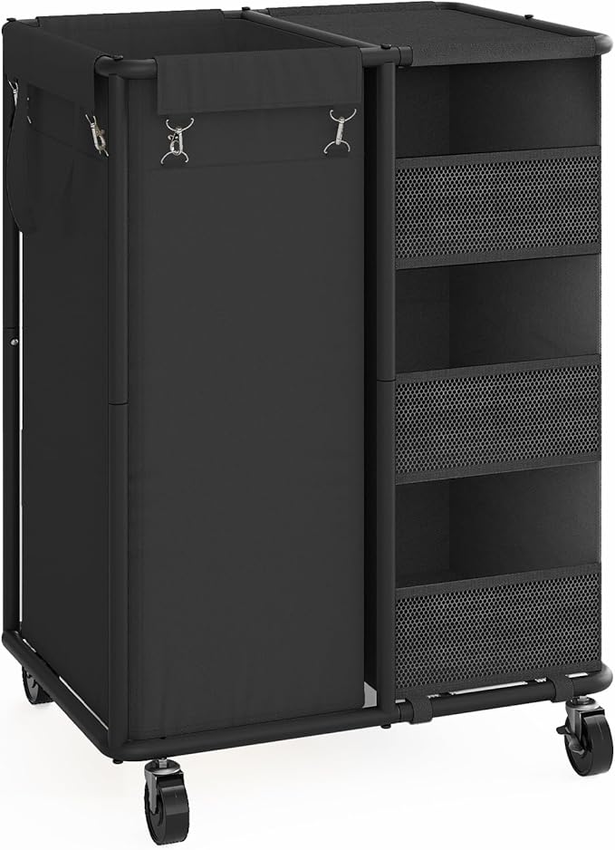 WOWLIVE Laundry Sorter with Wheels 100L Rolling Laundry Hamper with Hanging and Removable Bag Laundry Cart with Steel Frame and Storage Unit Large Basket Organizer for Dorm Room, Bathroom (Black)