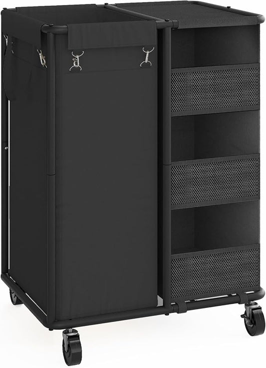 WOWLIVE Laundry Sorter with Wheels 100L Rolling Laundry Hamper with Hanging and Removable Bag Laundry Cart with Steel Frame and Storage Unit Large Basket Organizer for Dorm Room, Bathroom (Black)