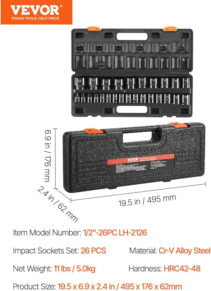 VEVOR Impact Socket Set 1/2 Inches 26 Piece Impact Sockets, Shallow Socket, 6-Point Sockets, Rugged Construction, CR-M0, 1/2 Inches Drive Socket Set Impact Metric 10mm - 36mm, with a Storage Cage