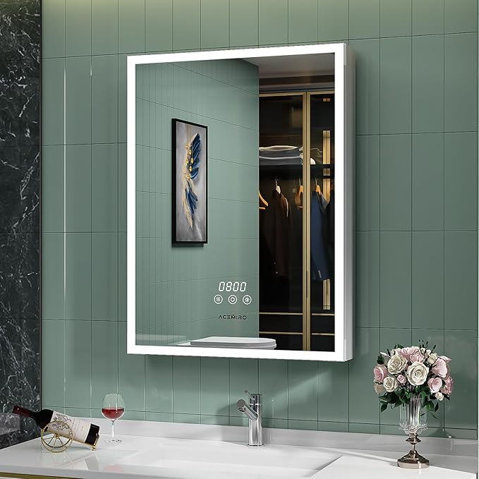 Medicine Cabinet With Lights, 2432 Inch Surface or Recessed, Mirror, 3 Color Dimmable, Defogger, Clock & Temp, Outlet & USB, Door Left Open