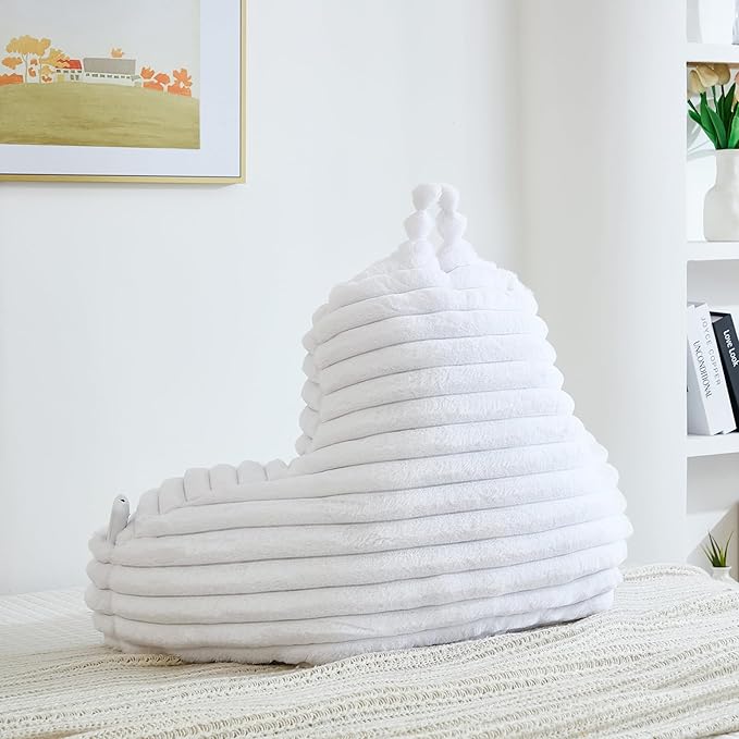 Faux Fur Fluffy White Reading Pillow with Pockets, Luxury Striped Plush Decorative, Arm Rests and Back Surport for Bed Rest, Lounging on sofa, Standard