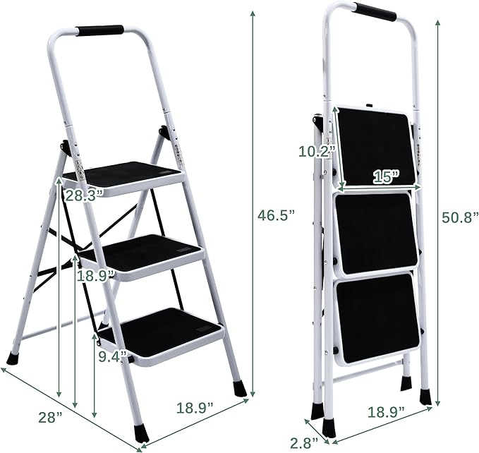 Wiberwi 3 Step Ladder Folding Step Stool for Adults with Top Handrail 330 Lbs Capacity, Lightweight & Portable Step 3 Stool Ladders with Wide Pedal for Home Kitchen Sturdy Steel Frame