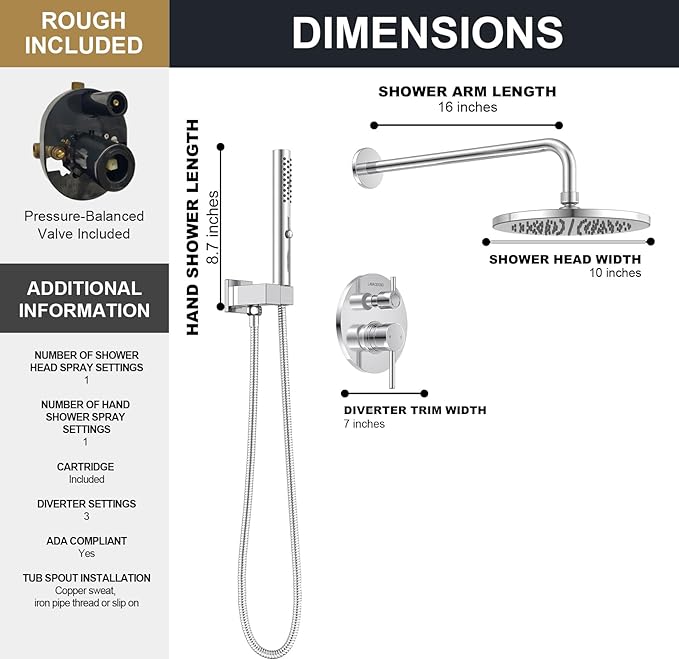 Lava Odoro Modern 2-Setting Round Rain Shower System with Handheld Spray, Chrome Rainfall Shower Faucet Set Rain Shower Head and Handle Set, Shower Valve Trim Kit,10 Inch, Chrome, SF104-C
