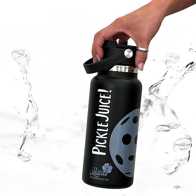 Maui Pickleball Co.™ Pickleball Water Bottle 32oz Pickleball Gifts Insulated Stainless Steel Water Bottle Funny Water Bottle PickleBall Accessories Sip/Straw Lid Pickleball Bottle (Black Lava)