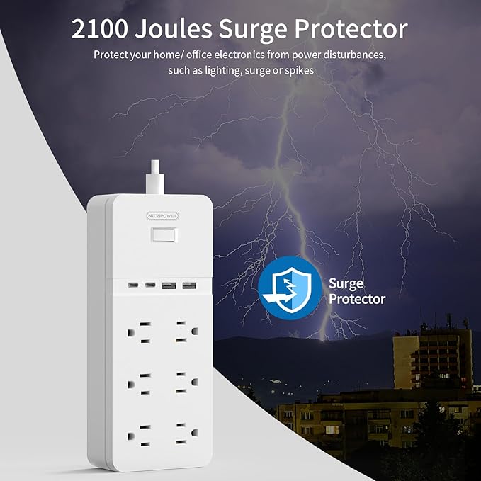 NTONPOWER 2 Prong Power Strip with 10ft Extension Cord, 2100J Surge Protector 1875W with 6 Outlets 4 USB Ports (2 USB C), 3 Prong Outlet Adapter, Wall Mount for Non-Grounded Plug, Ideal for Old House