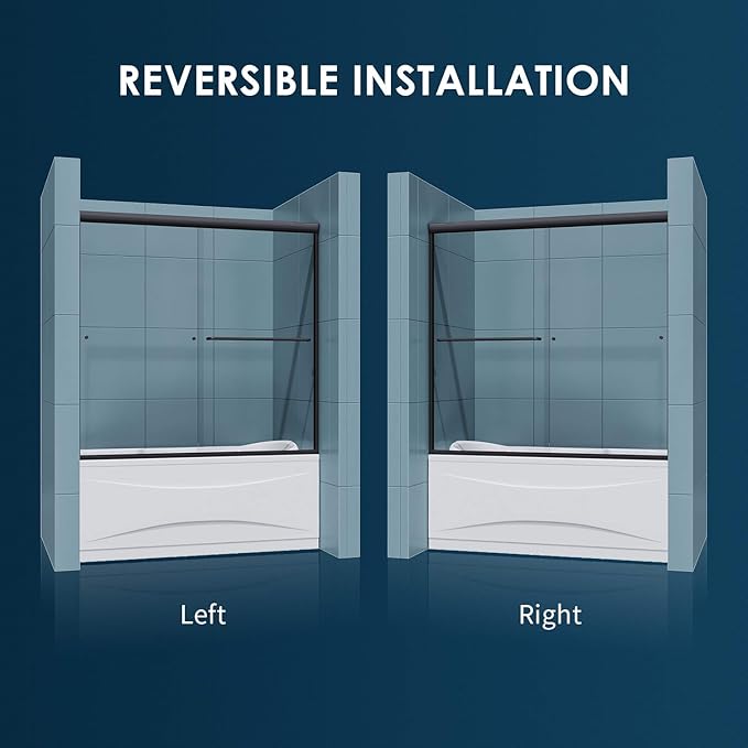 SUNNY SHOWER Bathtub Shower Door Glass Sliding Tub Door Semi-Frameless 1/4" Clear Glass Shower Enclosure Doors for Bathroom, Black Finish 58.5-60 in.W x 57.4 in.H