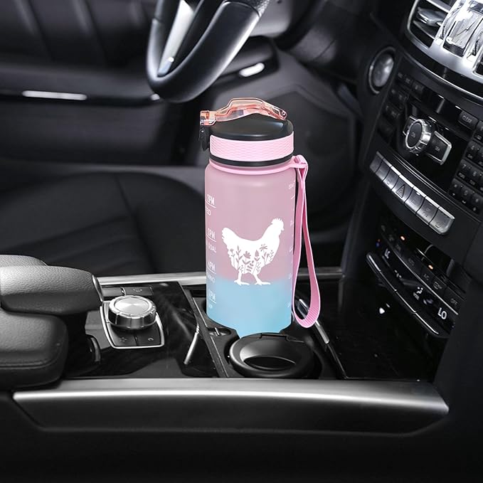 Floral Chicken Water Bottle with Straw, Carry Strap, LeakProof, Tritan BPA Free, 32 Oz Motivational Water Bottle with Time Marker to Ensure Drink Enough Water for Gym Fitness Outdoor