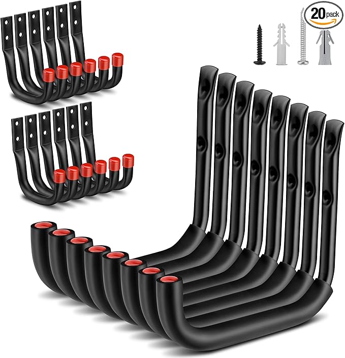 Nacial 20 Pack Garage Hooks Heavy Duty, 9.8" & 3.5" Garage Wall Hook with EVA Pads, 100LBS Capacity Hooks for Hanging Bikes, Kayak Folding Chairs and Hanging Ladders