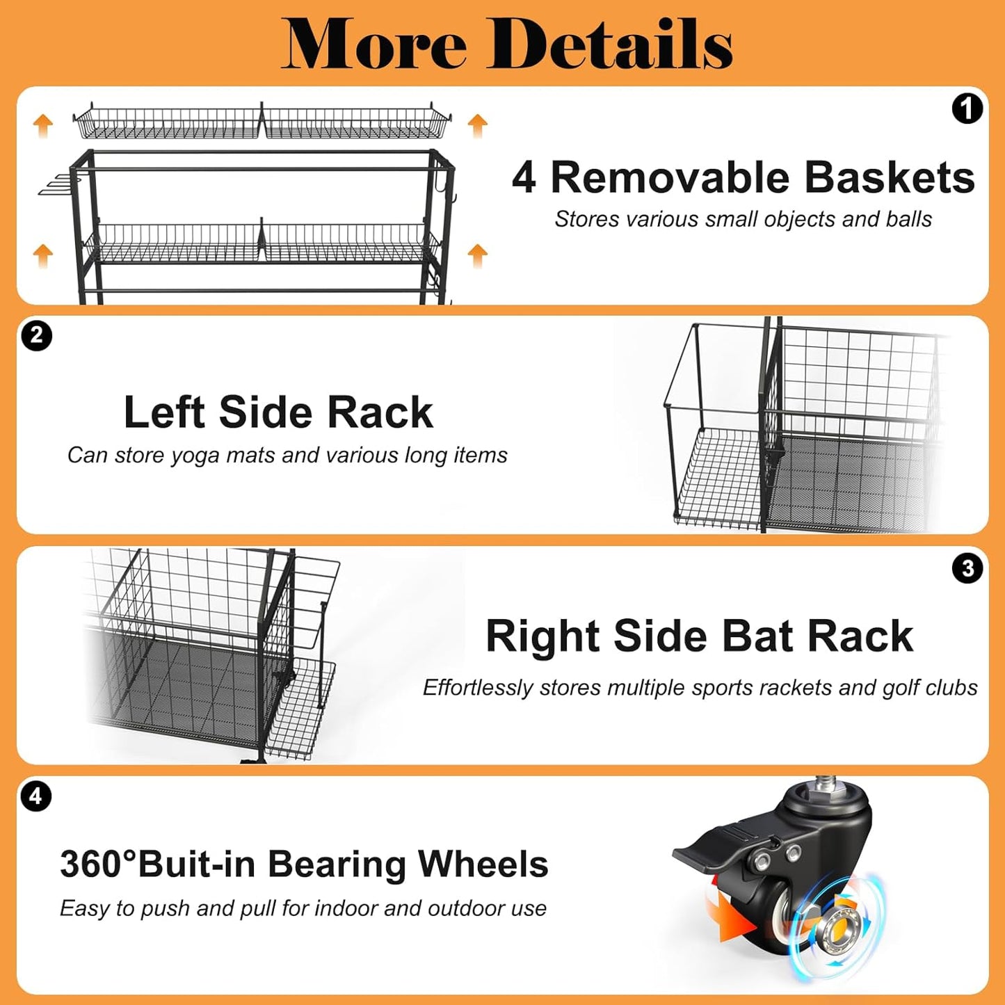 Sports Equipment Organizer, Garage Ball Storage Racks - Outdoor Toy Storage with 2 Side Racks & Removable Baskets, Heavy-Duty Garage Rolling Ball Cart with Wheels, Hooks for Toys, Sports Gear