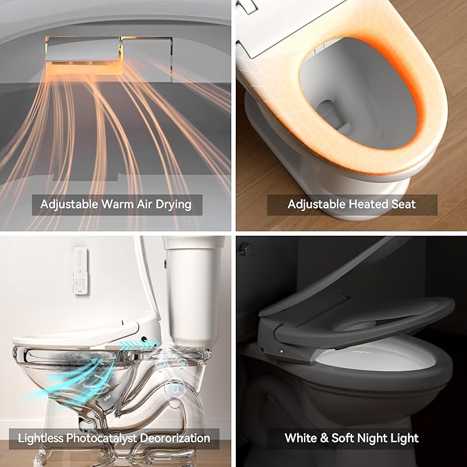 R&T V303 Auto-Open Smart Bidet Toilet Seat, Elongated Electric Bidets with Warm Water, Air Dryer, Adjustable Heated Seat, Nightlight, Bidet Attachment for Toilet