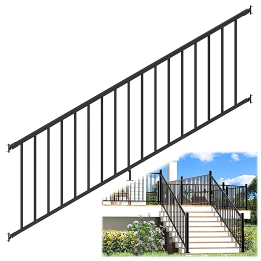 1 Pack 36 in. H x 8 ft. W Porch and Deck Railing Kit Without Post, Aluminum Stair Railing Kit, Black Textured Powder-Coat Finish Railing System for Concrete Steps or Wooden Stairs (1 Panel)