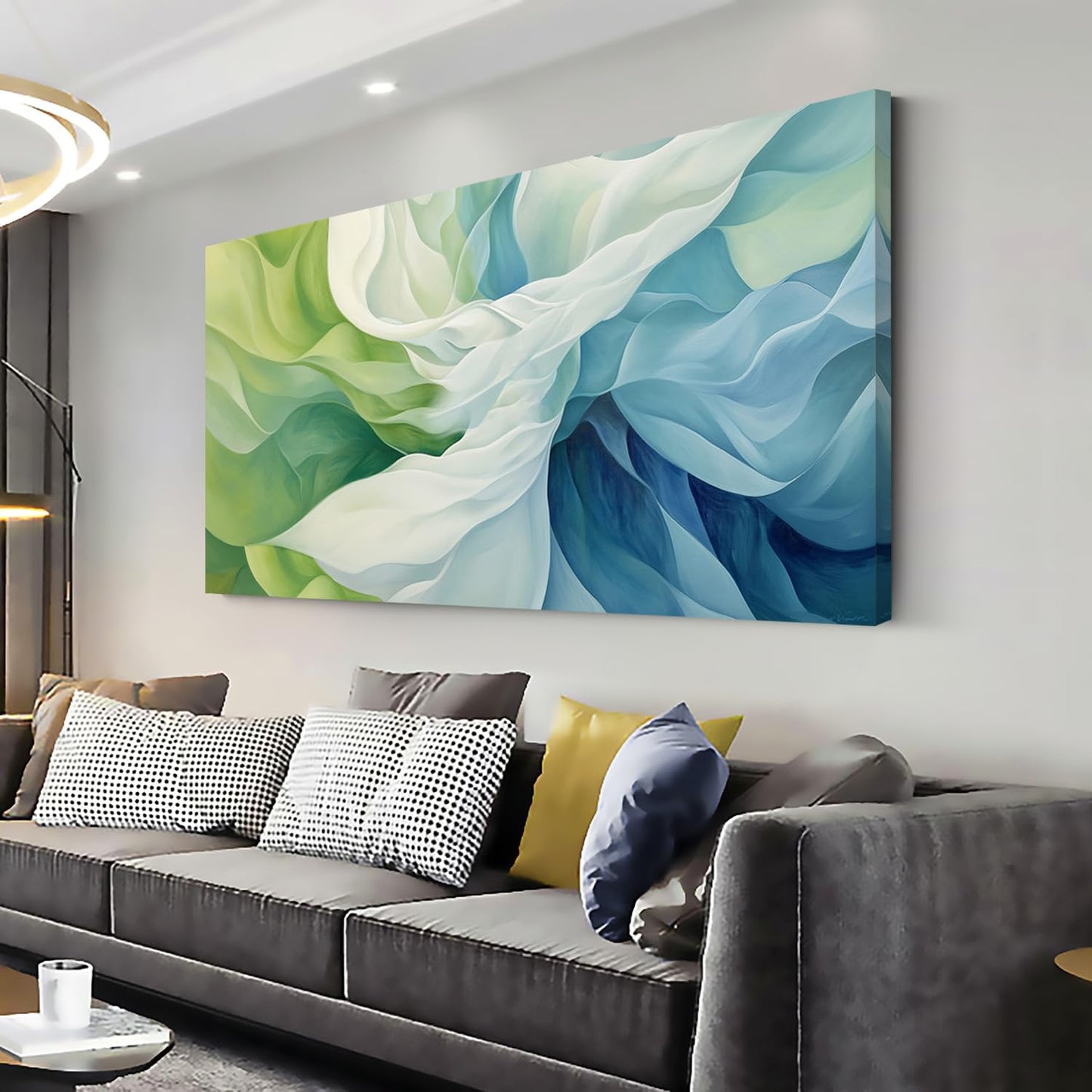 LASMOND Abstract Lines Wall Art for Living Room Canvas Prints Aqua Turquoise Blue Green Artwork Paintings Decor Bedroom Office Girl Woman (40x20 Inches)