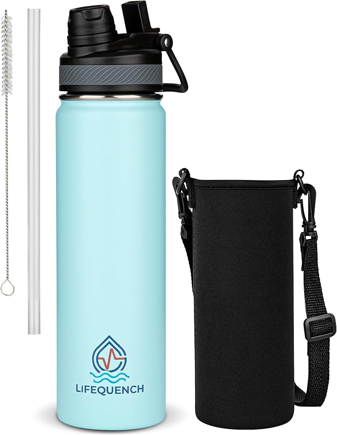 Insulated Water Bottle with Straw and Handle 22 oz-Stainless Steel Water Bottles with Straw, Dual Cap Function & Sleeve, Keeps Drinks Hot Up to 12 Hours & Cold Up to 24 Hours (Light Mint)