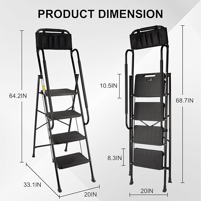 Valeo 4 Step Ladder with Handrails,500 Lbs Capacity,Folding Step Stool Ladder with Attachable Tool Bag,Lightweight & Storage Step Ladder 4 Step Folding,Multi-use for Home,Kitchen,Office,Black