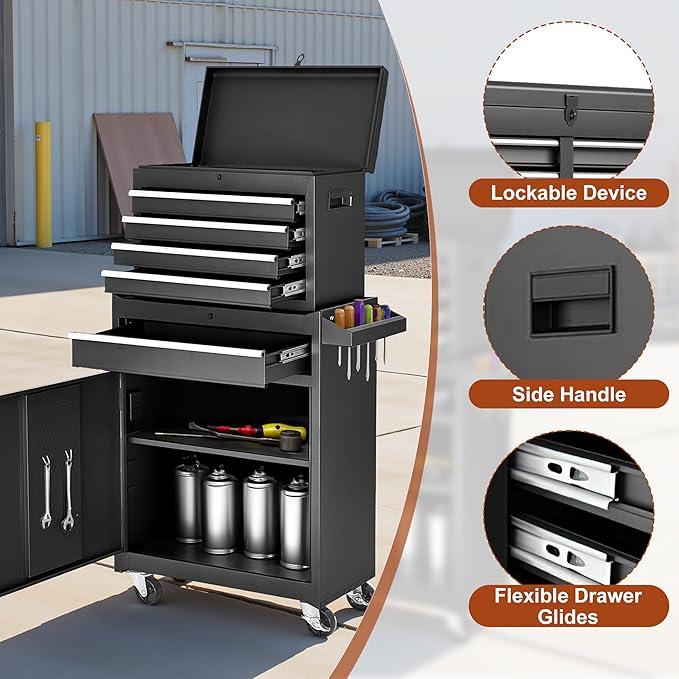 Rolling Tool Chest 5 Drawers Tool Box Garage Storage Cabinet Steel Frame 2 in 1 Tool Cart with Universal Lockable Wheels, Detachable Top and Adjustable Shelf for Garage, Black