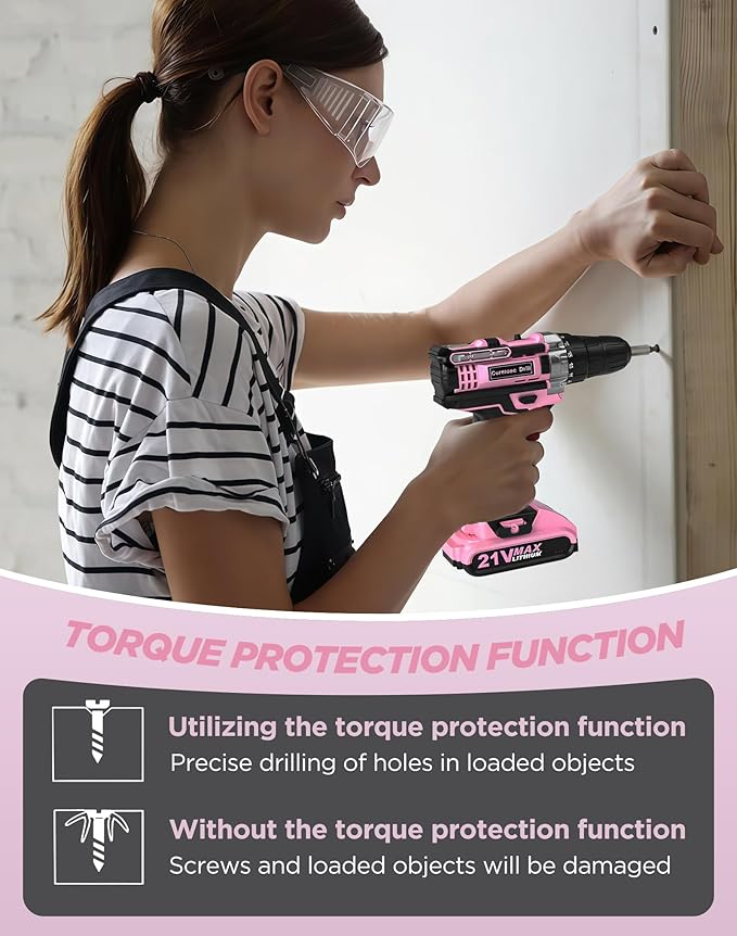 Pink Cordless Drill Set, 21V Electric Power Drill for Women, Lightweight Electric Screwdriver Driver with Power Pack & Charger, 2 Speed, 3/8" Keyless Chuck, 27 Pcs Womens Tool Kit for Home DIY & House