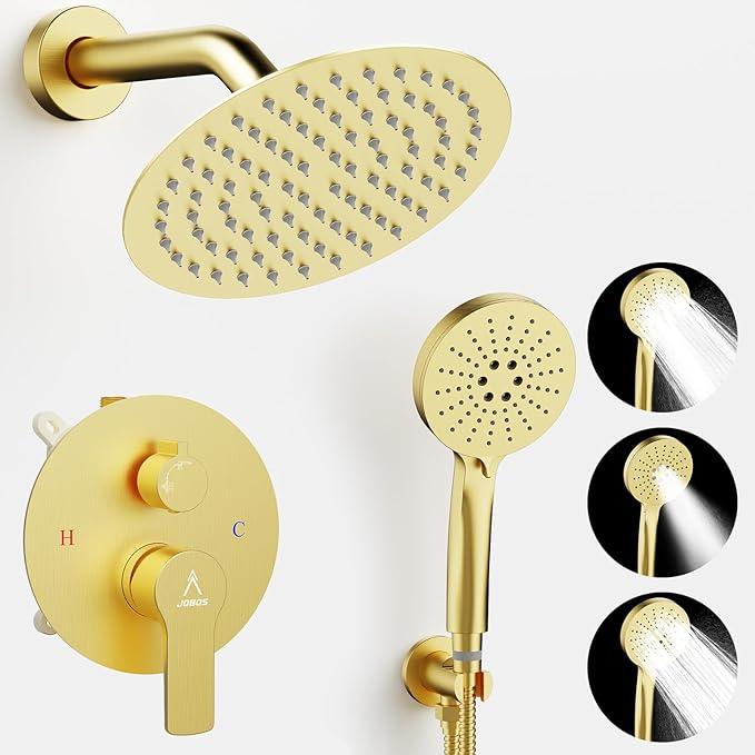 Shower Faucet Set Brass 8IN Rough-In Valve Body Trim Kit Rainfall Included Handle Accessories Complete 2 Functions with Rain Head and Handheld Bathroom Systems (8‘’, Brushed Gold)