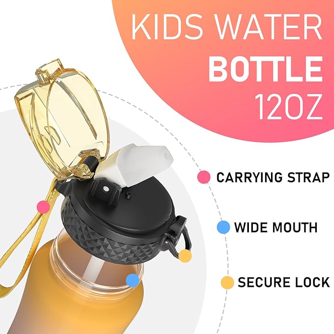 GOPPUS Kids Water Bottle with Straw Spout Lid 10pcs Stickers 12 oz Leak-proof BPA Free Motivational Time Marker Tritan Plastic Water Bottles for Girls Boys School Sports